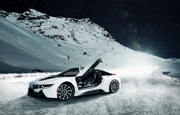 Picture BMW, Sky, Front, Mountain, Snow, White, Ligth, Nigth