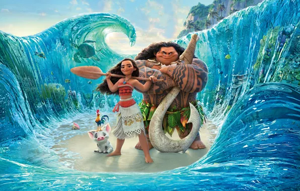 Picture sea, wave, cartoon, girl, characters, paddle, Walt Disney Pictures, aboriginal, Moana, Moana