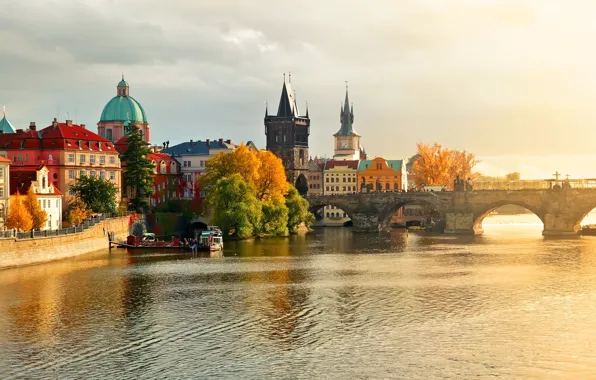 Picture autumn, water, nature, the city, river, building, home, boats, Prague, Czech Republic, Prague, The Czech …