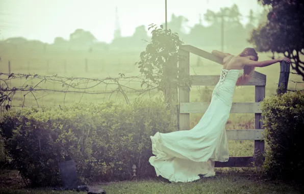 Picture girl, nature, the fence, the bride, wedding dress, wedding, bride
