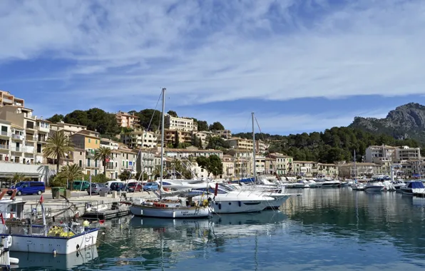 Picture Bay, yachts, pier, boats, Spain, promenade, Spain, Mallorca, Balearic Islands, Port de Soller, Port de …