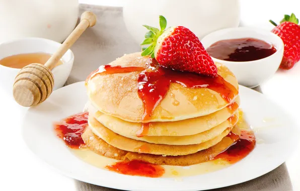 Picture food, strawberry, berry, honey, honey, red, pancakes, jam, pancakes, pancakes