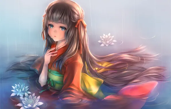 Picture water, girl, flowers, anime, tears, art, kimono, piyo7piyo9, mogumi