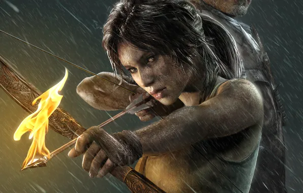 Picture girl, rain, fire, the game, arrow, Tomb Raider, girl, game, Lara Croft