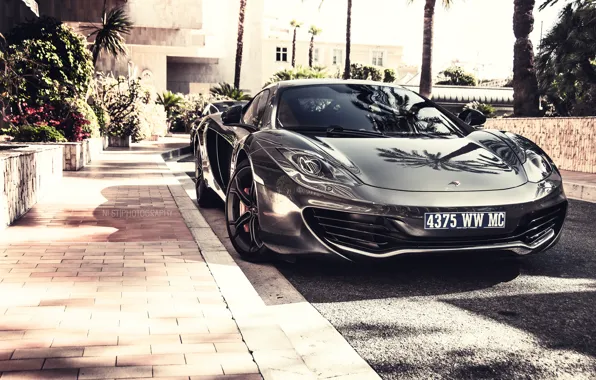 Picture the city, reflection, palm trees, supercar, sports car, mclaren, mp4