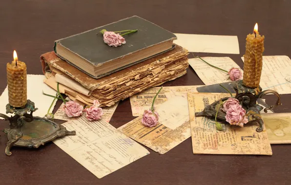 Picture flowers, paper, table, books, roses, old, candles, vintage, vintage, candlesticks, letters, cards