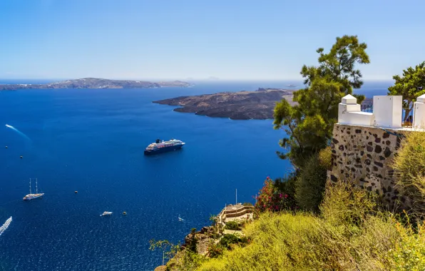 Picture sea, coast, yachts, Greece, horizon, panorama, liner, the view from the top, Santorini, cruise
