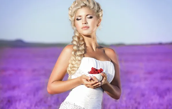 Picture look, girl, raspberry, hands, berry, blonde, braid, white dress