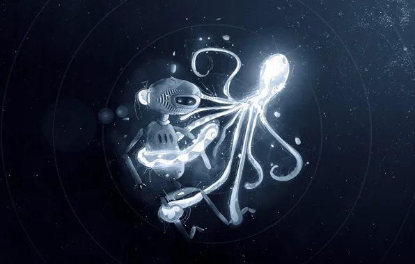 Picture robot, octopus, under water