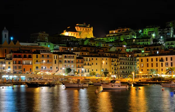 Picture night, lights, boats, lighting, Italy, harbour, Porto Santo Stefano