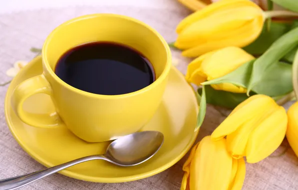 Picture flowers, coffee, Cup, tulips, yellow, flowers, cup, tulips, coffee, breakfast