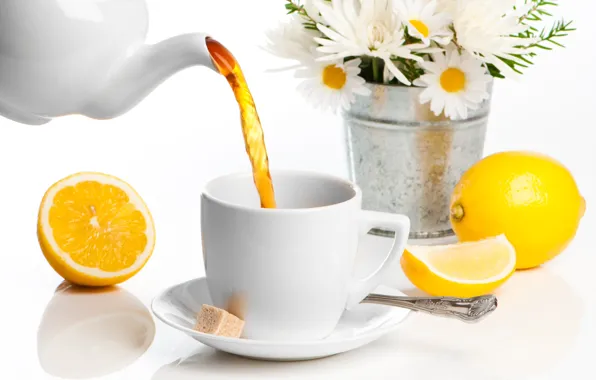 Picture flowers, lemon, tea, chamomile, Cup, sugar, drink, spoon, saucer, teapot, bucket