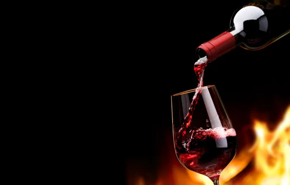 Picture fire, flame, wine, red, glass, bottle, black background