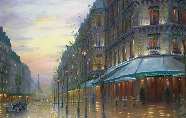 Picture retro, street, France, Paris, building, the evening, Eiffel tower, Paris, painting, Robert Finale, France, painting, …