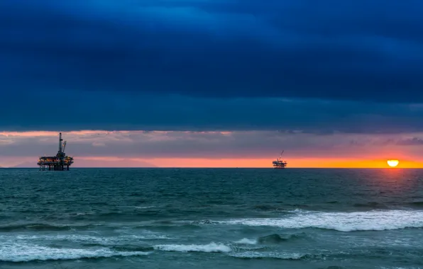 Picture sunset, the ocean, horizon, CA, Pacific Ocean, California, The Pacific ocean, Sea Cliff, oil platform