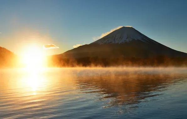 Picture the sun, rays, light, sunset, fog, lake, Japan, mount Fuji