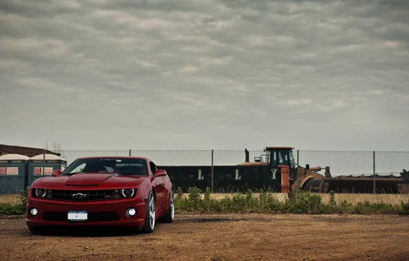 Picture the sky, red, clouds, the fence, red, Chevrolet, front view, chevrolet, bulldozer, camaro ss, Camaro …