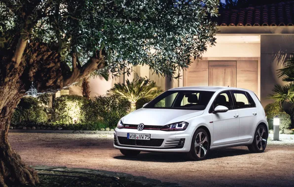 Picture The evening, Auto, White, Volkswagen, House, Machine, The building, Lights, Car, Golf, GTI