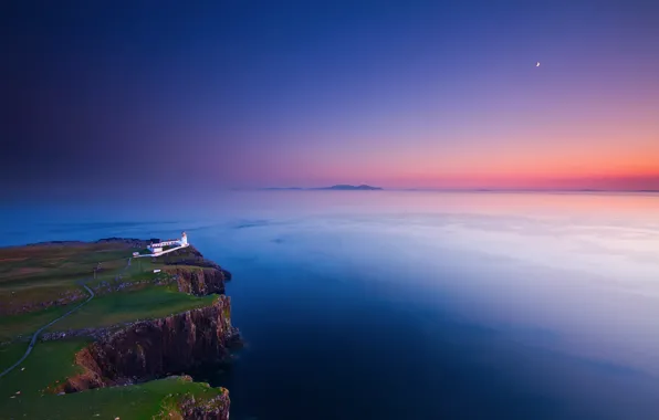 Picture the sky, sunset, rocks, the moon, shore, lighthouse, the evening