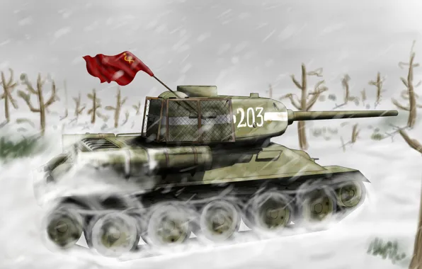 Picture winter, snow, figure, art, tank, USSR, Blizzard, WWII, banner, Soviet, average, T-34-85