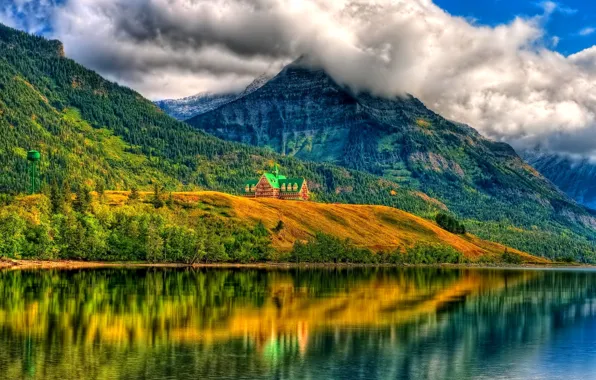 Picture forest, the sky, clouds, trees, mountains, lake, house, reflection, slope