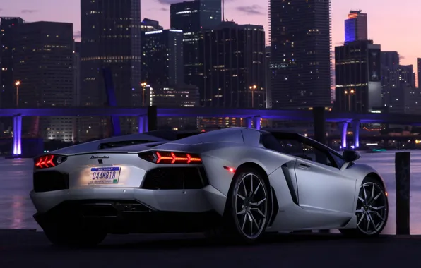 Picture the sky, light, bridge, the city, lights, car, roadster, back, LP700-4, Lamborghini Aventador