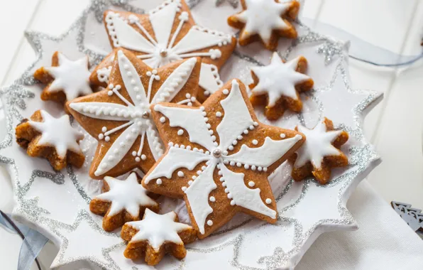 Picture winter, stars, New Year, cookies, plate, Christmas, stars, Christmas, holidays, New Year, glaze, Christmas
