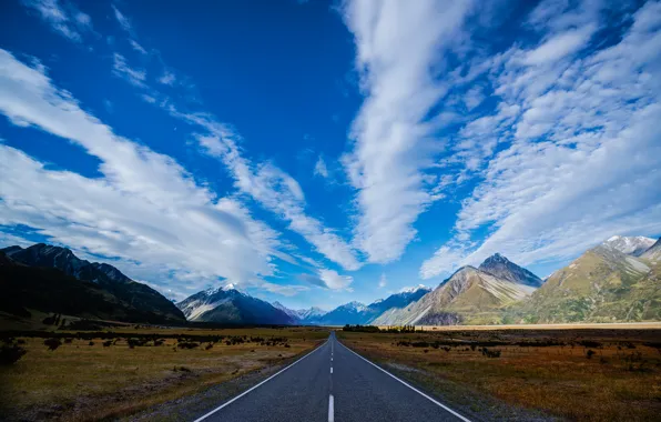Picture road, the sky, clouds, mountains, blue, track, New Zealand, highway, blue