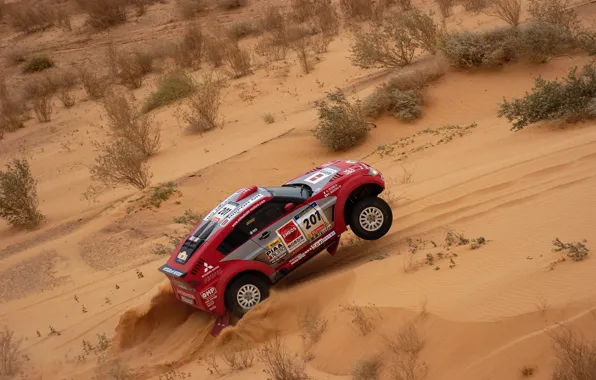 Picture Sand, Red, Auto, Sport, Machine, Race, Mitsubishi, Rally, Dakar, SUV, Rally