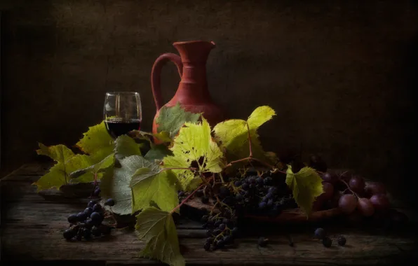 Picture wine, grapes, pitcher, still life