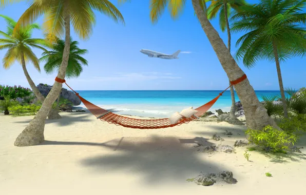 Picture sea, beach, tropics, The plane, hammock, beach, sea, hammock, tropics, flying over the island, The …