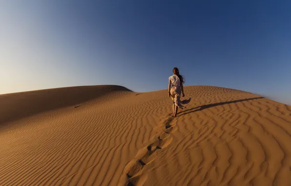 Picture girl, sky, desert, sand, sunlight, walking, dunes, dry