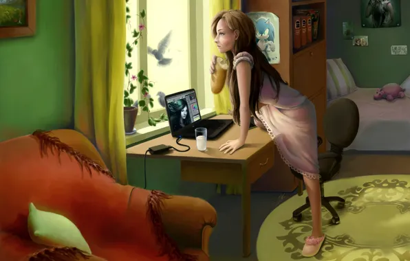 Picture computer, girl, room, bird, interior, window, art, baton