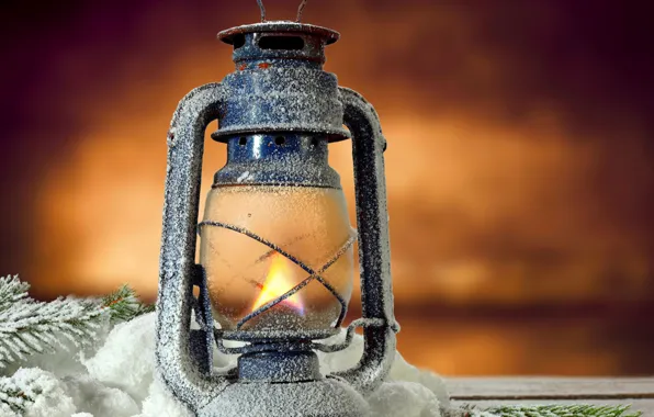 Picture flame, lamp, lantern, light, flame, vintage, snow, lamp, lantern, pine tree, twig, Svetlina, clone, recolta, …