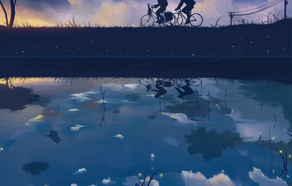 Picture the sky, girl, stars, clouds, bike, reflection, fireflies, wire, anime, art, guy, dias mardianto, donsaid