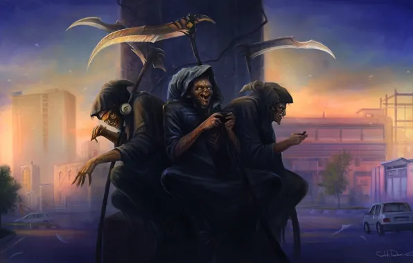 Picture the city, death, the game, post, headphones, art, monsters, hood, braid, cloak, three, sitting