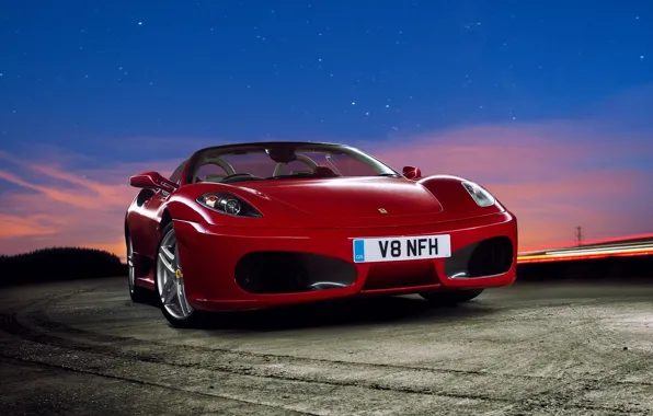 Picture F430, Ferrari, Red, Sky, Stars, Sunset, Scuderia, Spider, Supercar