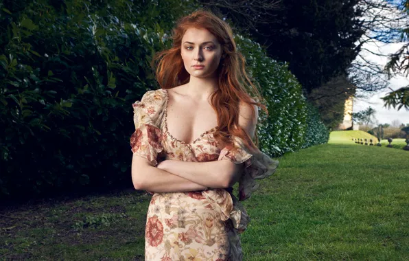 Picture grass, trees, nature, dress, actress, hairstyle, red, the bushes, photoshoot, Sophie Turner, Sophie Turner, The …