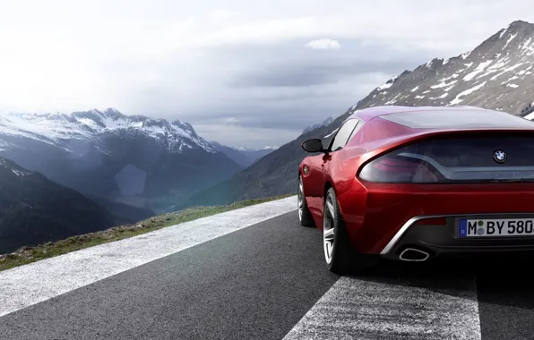 Picture the sky, mountains, red, coupe, BMW, BMW, rear view, Coupe, Zagato, Zagato