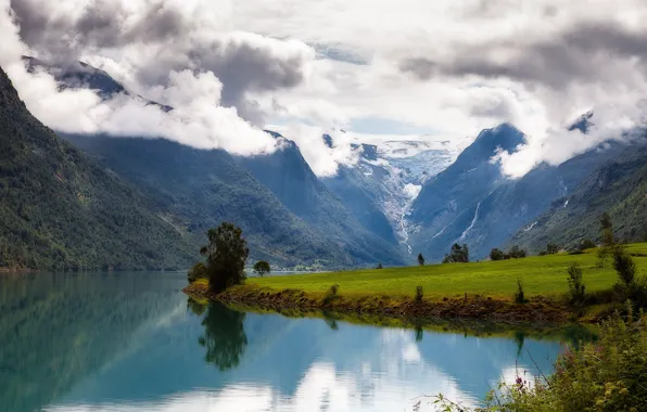 Picture clouds, mountains, meadow, Norway, Norway, Onderdelen, Nordfjord, Nord-fjord