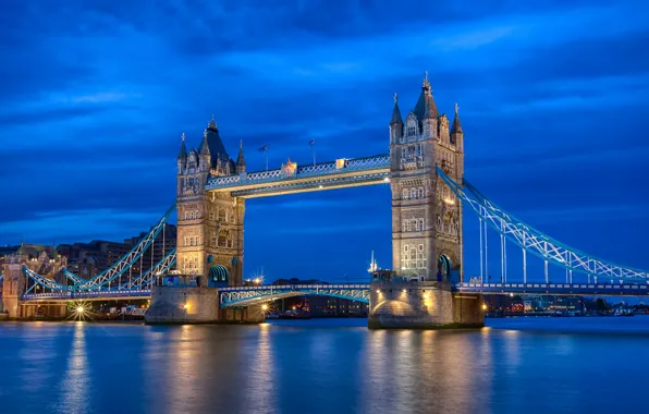 Picture the sky, night, river, England, London, lighting, UK, Thames, blue, Tower bridge, capital