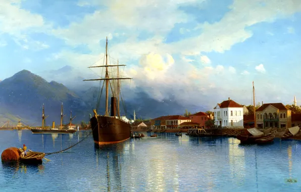 Picture the sky, water, clouds, mountains, ship, Marina, Bay, boats, painting, Batum, Lev Lagorio