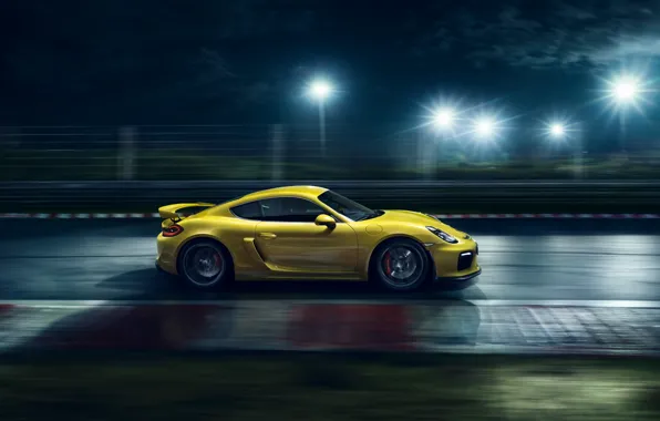 Picture Porsche, Cayman, Speed, Yellow, Side, Supercar, Track, GT4, 2015, Ligth, Nigth