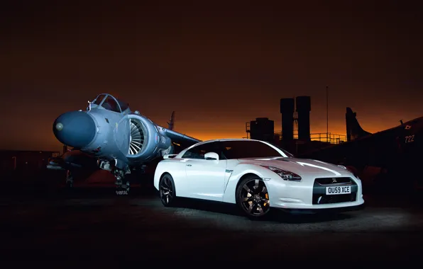 Picture white, sunset, excerpt, GTR, Nissan, the airfield, aircraft, Godzilla, R35