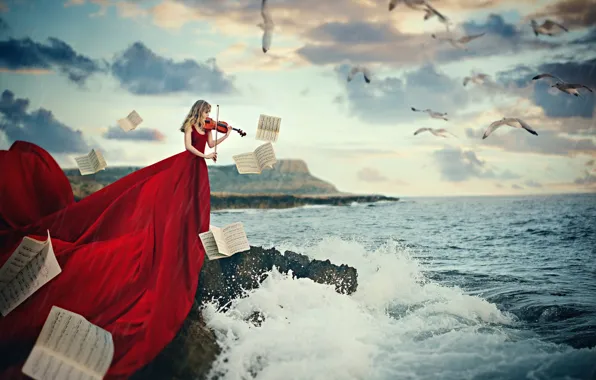 Picture girl, notes, violin, in red