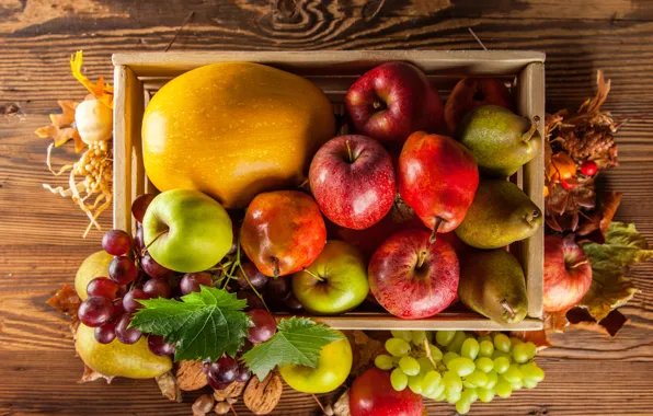 Picture autumn, apples, harvest, grapes, pumpkin, fruit, box, vegetables, pear