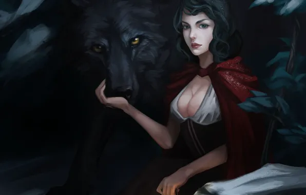 Picture girl, wolf, little red riding hood, art, lantern, cloak, Red Riding Hood, Marilyn Zhuang