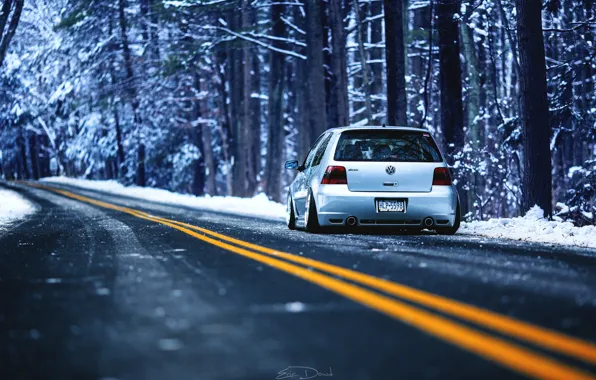 Picture winter, road, forest, markup, Volkswagen, R32, MK4