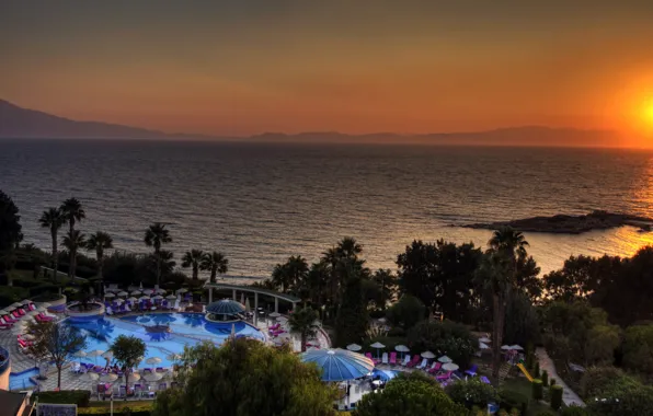 Picture sea, sunset, nature, photo, dawn, coast, resort, Turkey, pools, Kusadasi
