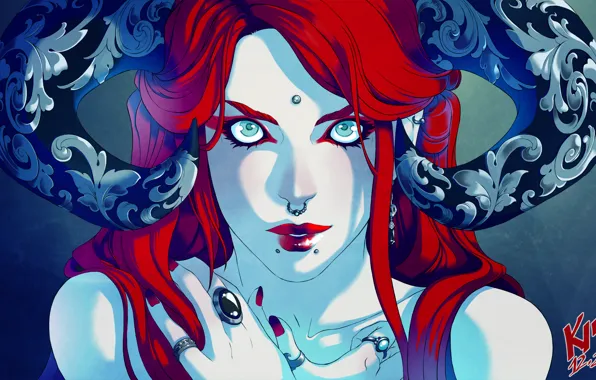 Picture look, fiction, patterns, piercing, ring, art, horns, demoness